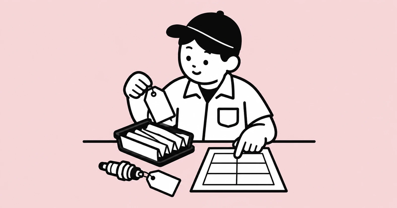 Shop owner holding a blank parts tag and pointing to a paper grid beside a filter and spark plug.